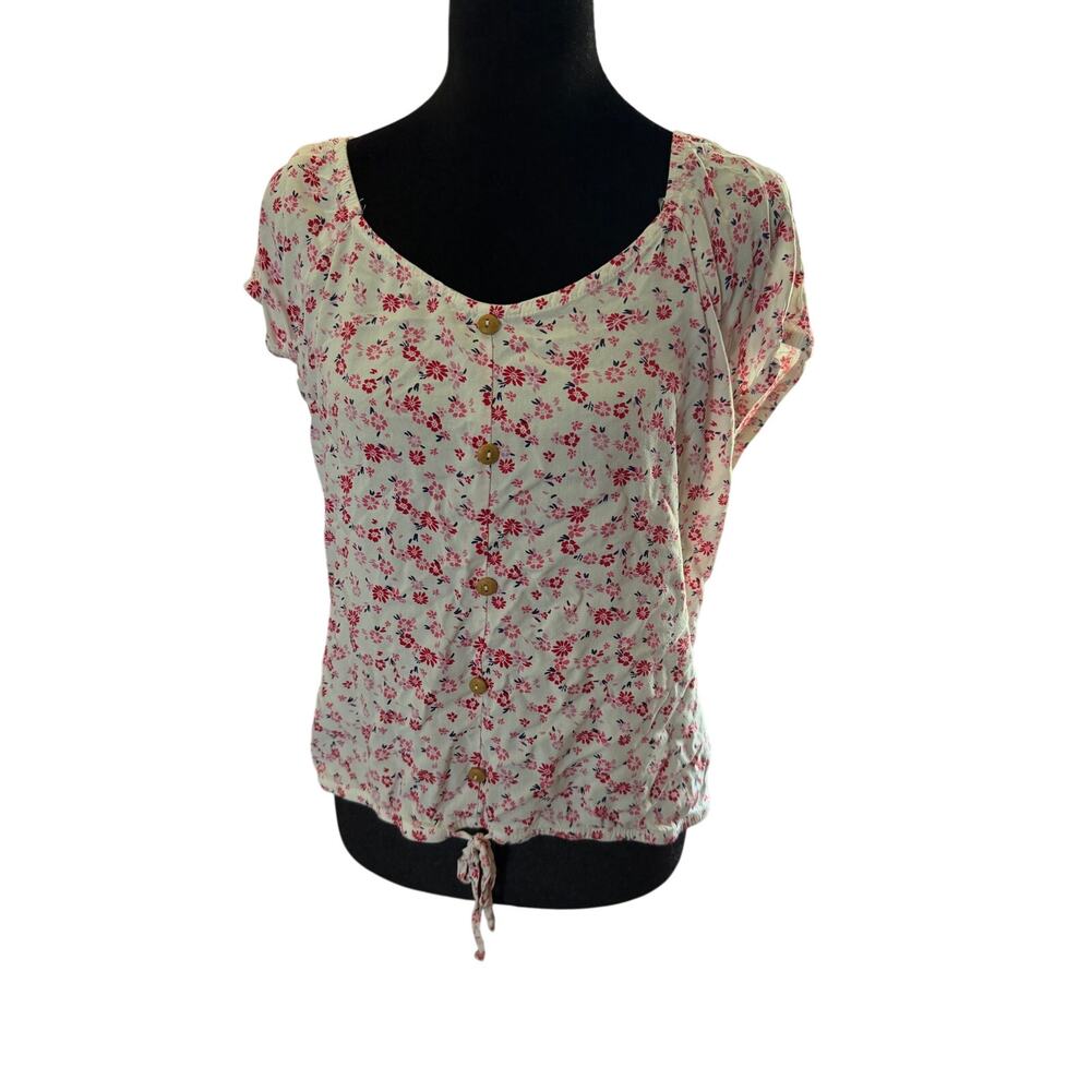 No Boundaries Floral Button Front Blouse XL 15-17 Smocked Back Drawstring Top